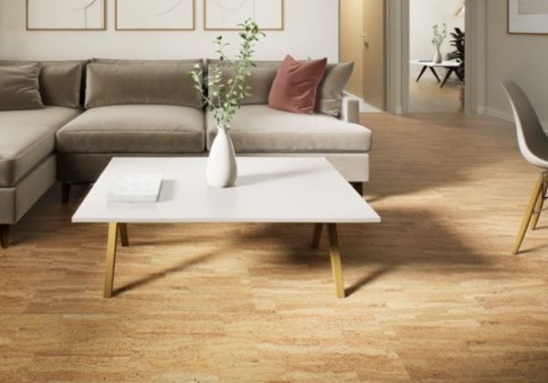 a neutral color palette living room with cork flooring